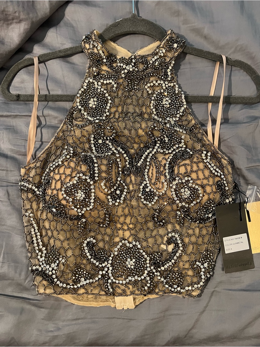 NEW-Alberto Makali Nude and Black Beaded High-Neck Crop Camisole- BRAND NEW
